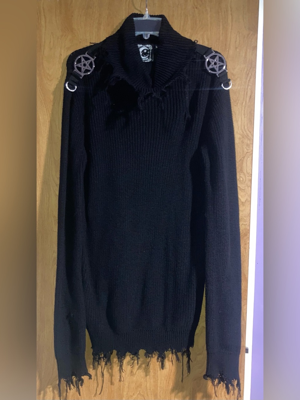 Killstar Black Distressed Knit Sweater with Metal Star Accents